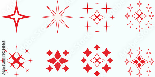 A collection of vibrant red starburst and diamond shaped sparkle illustrations