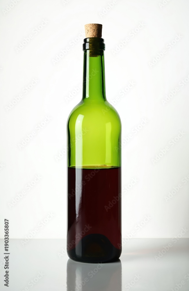Fototapeta premium Green glass bottle contains red wine. Cork seals the top. Liquid fills half of container. Clean studio background shows reflection. Refreshment concept.