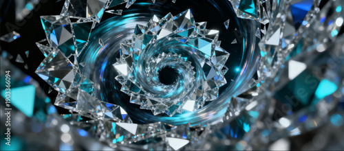 Vector illustration of a crystal whirlwind with reflection and refraction effects in a cold palette.