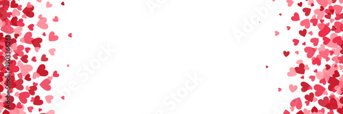 Heart long frame. Bright hearts confetti falling on white background. Celebration party backdrop. Valentines Day banner for greeting cards, gift packages. Wedding bg. Vector illustration.