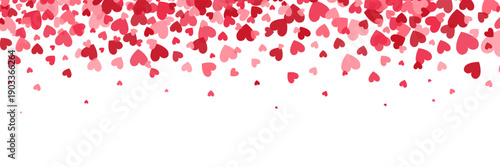 Heart long bg. Bright hearts confetti falling on white background. Celebration backdrop. Valentines Day banner for greeting cards, wedding invitation, gift packages. Vector illustration.
