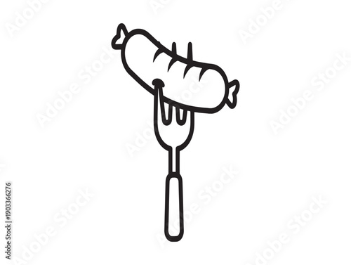 A simple line drawing of a pork chop on a fork