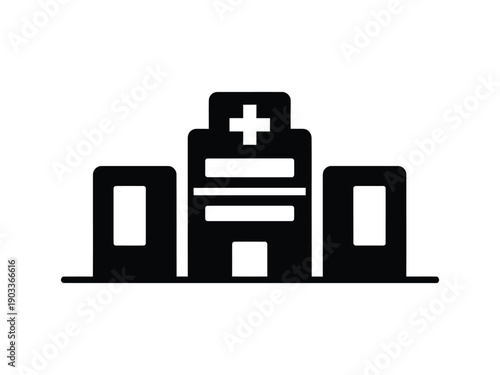 Modern black icon representing a hospital building with a cross symbol.