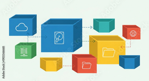 Data transfer and storage concept with colorful boxes and icons