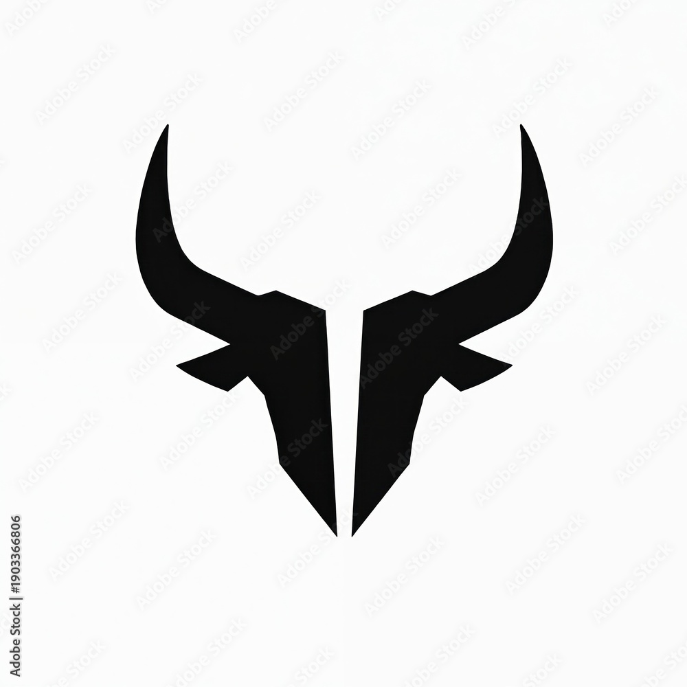 Fototapeta premium Minimalist black bull head silhouette with sharp horns. Geometric bull face design, modern abstract animal symbol. Powerful, strong, aggressive logo concept. Visual graphic for brand identity.