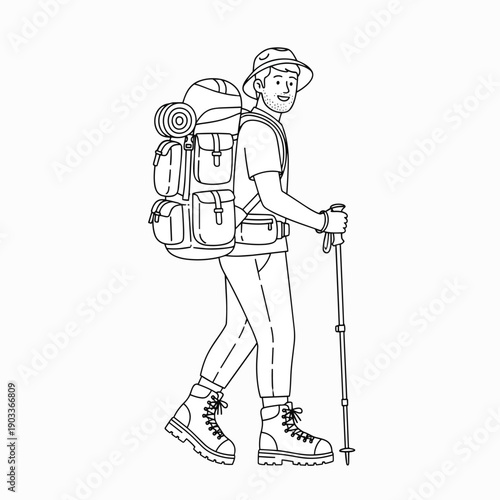 Happy Hiker With Backpack and Trekking Poles