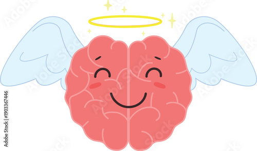 Brain with angel wings. Cartoon happy positive mind icon