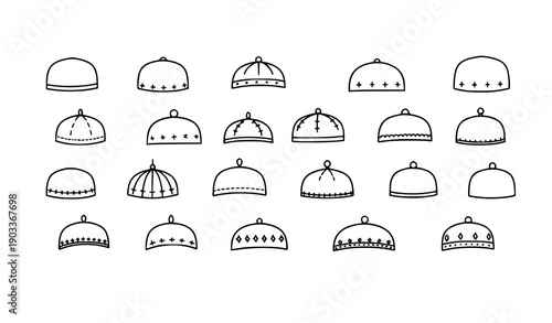 Hand drawn Islamic prayer cap doodle outline icons vector set