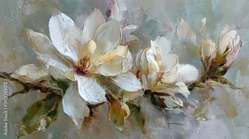 White Magnolia Oil Painting, Elegant Floral