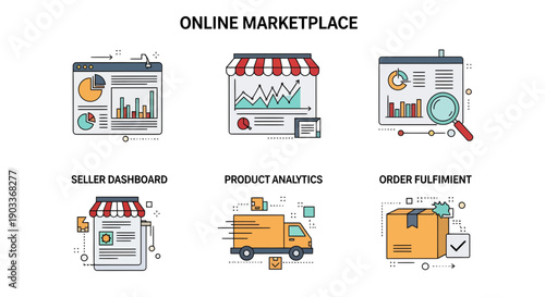 Set of modern line icons illustrating e-commerce business operations, including market analysis, product management, and efficient order fulfillment processes