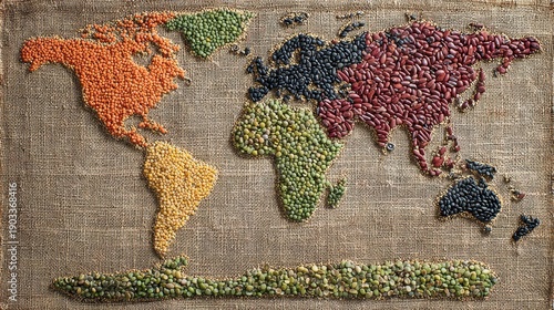 Artistic world map made of diverse seeds and beans representing global agriculture.