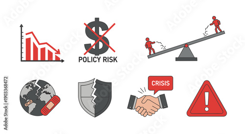 Comprehensive vector icon set depicting business challenges, financial decline, policy risks, global issues, and crisis management warnings for strategic planning and analysis