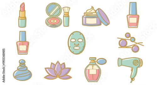 A vibrant collection of cartoon-style beauty and cosmetic product icons, perfect for illustrating personal care routines, makeup essentials, and spa relaxation concepts with a playful charm