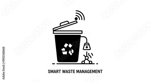 Conceptual illustration of an advanced smart waste management system, showcasing technological integration for efficient recycling and sustainable disposal