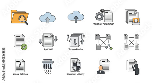 Comprehensive digital document management and workflow automation icon set, illustrating secure data handling, cloud integration, approval processes, and version control for modern business operations
