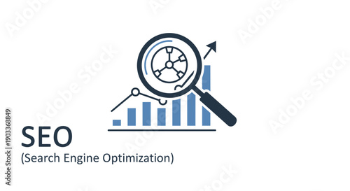 Conceptual illustration depicting search engine optimization strategies for online visibility and digital marketing growth, featuring a magnifying glass analyzing data on an upward trending bar chart