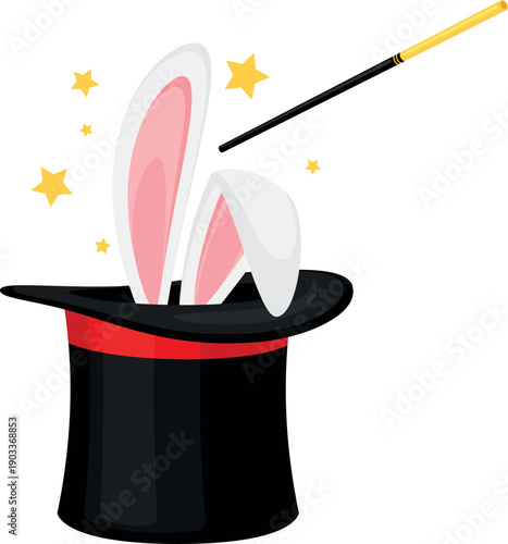 Magic trick show icon. Magician wand and bunny ears in cylinder