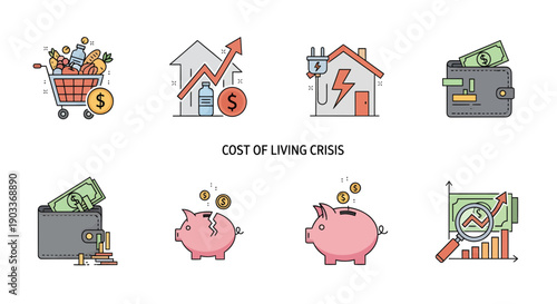 Modern line icon collection illustrating the significant impact of the cost of living crisis on household finances, depicting rising expenses, inflation, and budget pressures
