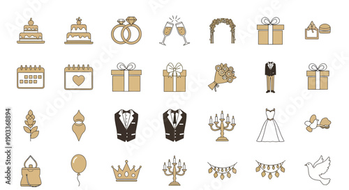 Elegant Wedding Line Icons Collection. Essential marriage ceremony elements including cakes, rings, attire, and decor in a modern gold and brown palette for event design