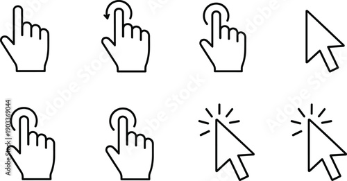 Computer Mouse Cursor and Hand Pointer Icon Set, Linear Vector Click Symbols, Digital Interface Navigation Graphics, Touch Screen Gesture Design Elements.