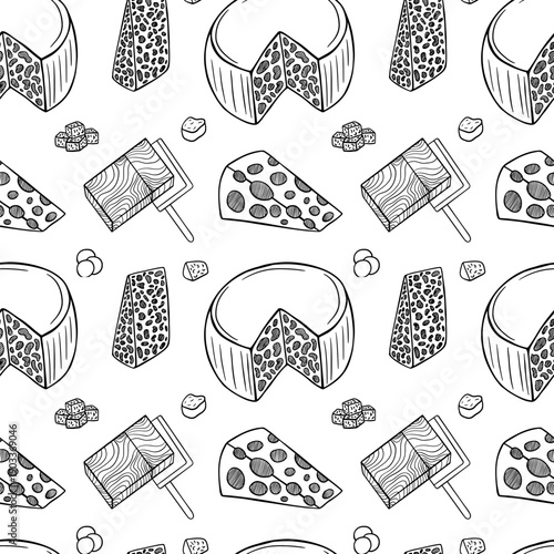 Hand drawn cheese sketch seamless pattern. Different kinds of cheese slices pattern on white background