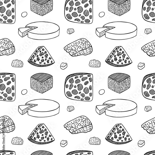 Cheese sketch seamless pattern. Vector pattern with diffenrent kinds of cheese. Brie, masdam, cheddar, blue cheese