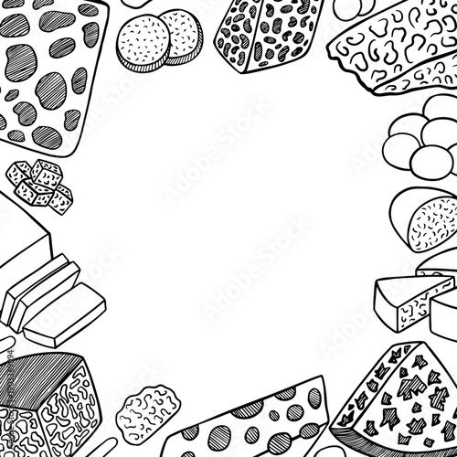 Hand drawn cheese frame. Cheese sketch vector frame for menu with space for text