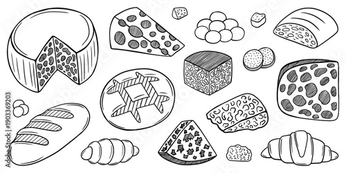 Hand drawn bread and cheese sketch set. Food set with kinds of cheese slices, loaf and bread. Ciabatta, croissant, cheddar, emmental, maasdam, camembert