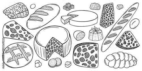 Hand drawn bread and cheese sketch set. Food set with kinds of cheese slices, loaf and bread. Ciabatta, croissant, cheddar, emmental, maasdam, camembert
