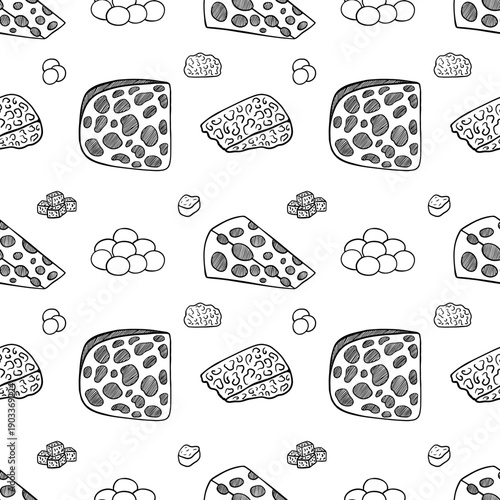 Hand drawn cheese slices seamless pattern. Cheese slices vector pattern in white background. Edam, Masdam, mozzarella, blue cheese