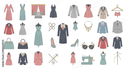 Fashion icons and accessories collection displayed on a clean white background, showcasing various clothing items and beauty essentials.