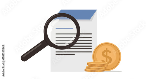 Magnifying Glass Examining Document with Coins Nearby on Surface