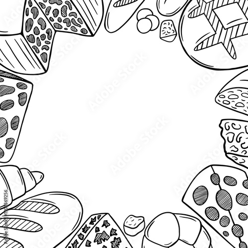 Cheese and bread frame with space for text. Hand drawn sketch of cheese and bread frame