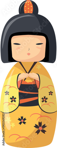 Japanese woman in kimono toy. Asian cartoon doll
