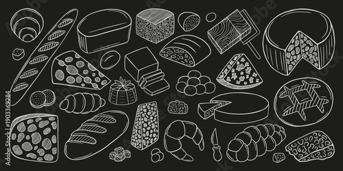 Hand drawn bread and cheese sketch set on chalkboard. Food set with kinds of cheese slices, loaf and bread. Ciabatta, croissant, cheddar, emmental, maasdam, camembert