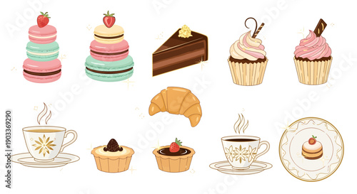 Assorted sweet treats and beverages displayed on a clean white background