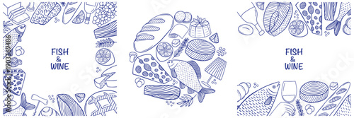 Set of menu frame for fish restaurant. Hand drawn sketch of fish, bread, cheese and wine frames
