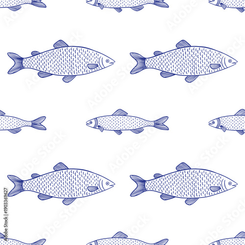 Hand drawn blue sketch of fish pattern. Seamless pattern with salmon sketch. Vector stock illustration