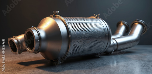 Detailed 3d illustration of diesel particulate filter and catalytic converter. Intricate metal exhaust system components showing internal structure. Realistic industrial object on concrete surface.