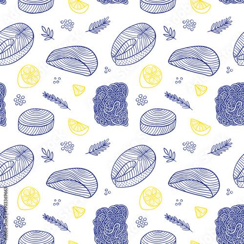Fish and pasta hand drawn seamless pattern. Vector pattern with salmon fillet and noodles on white background