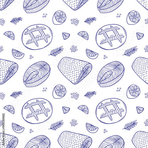 Fish fillet and bread seamless pattern. Hand drawn vector pattern with salmon steak and loaf