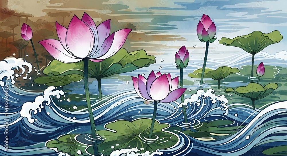 custom made wallpaper toronto digitalBeautiful Lotus Flowers Blooming in Rippling Water with Green Leaves.