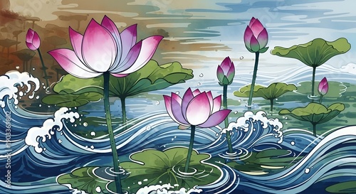 Wallpaper Mural Beautiful Lotus Flowers Blooming in Rippling Water with Green Leaves. Torontodigital.ca