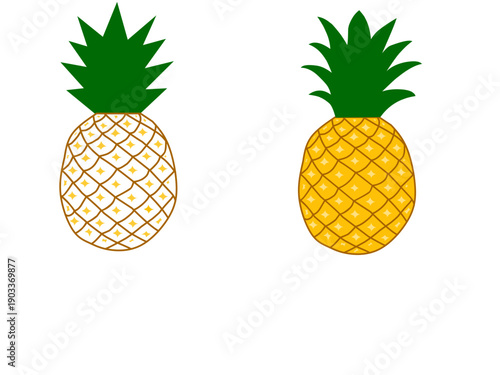 Double set of pineapple fruit illustrations. Hand-drawn pineapples in yellow and white.