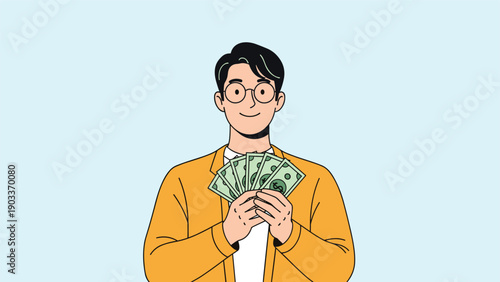 Happy young man wearing glasses and a yellow sweater proudly displays a fan of US dollar bills in his hands.