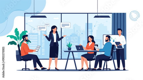 Confident businesswoman leads a team meeting and gives a presentation in a modern office with a city skyline view.