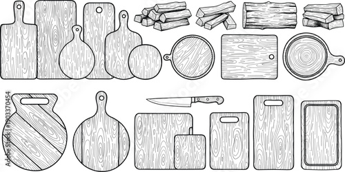 Hand drawn wooden cutting board outline set featuring rustic kitchen chopping boards sketch vector illustration collection