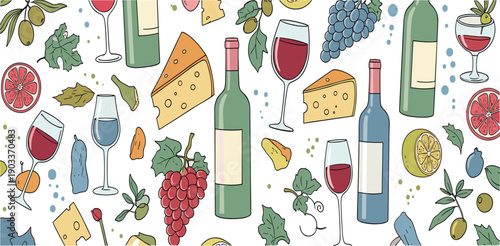 Hand drawn wine and cheese pattern featuring grapes bottles glasses and gourmet food seamless vector illustration design