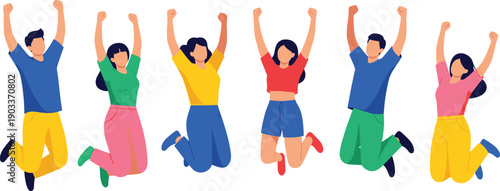 Happy diverse people jumping together illustration symbolizing teamwork, celebration, success, joy, and positive group energy concepts