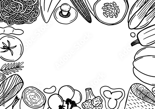 Menu frame in sketch style. Fish, pasta and vegetables vector frame sketch